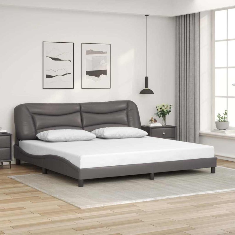 Łóżko Tapicerowane Rama Łóżka Ze Stelażem Szara Ekoskóra 200x200 cm