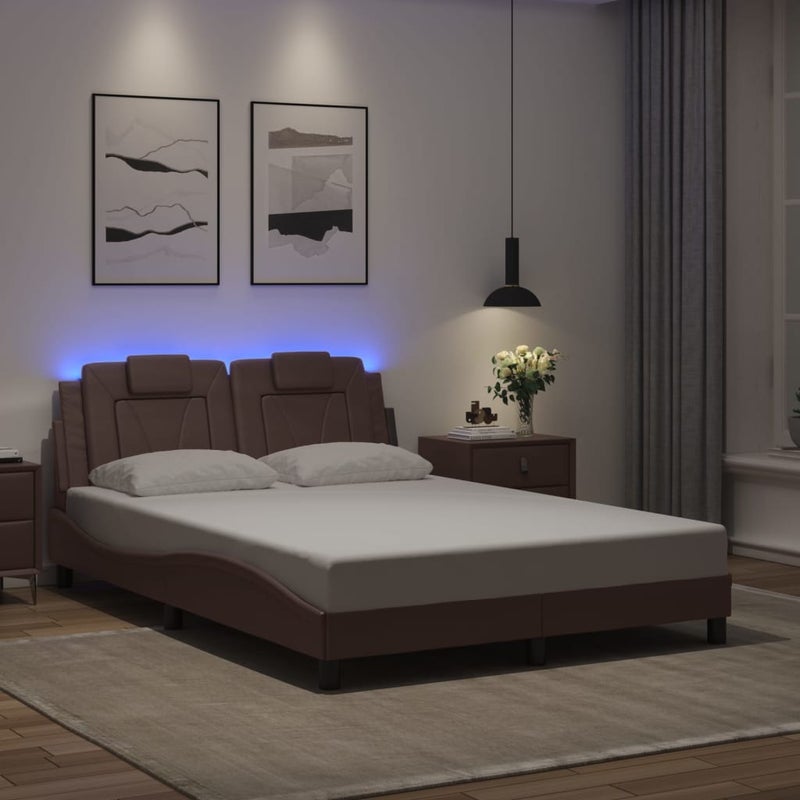Łóżko Tapicerowane Brązowa Ekoskóra Rama Łóżka Ze Stelażem LED 140x190 cm