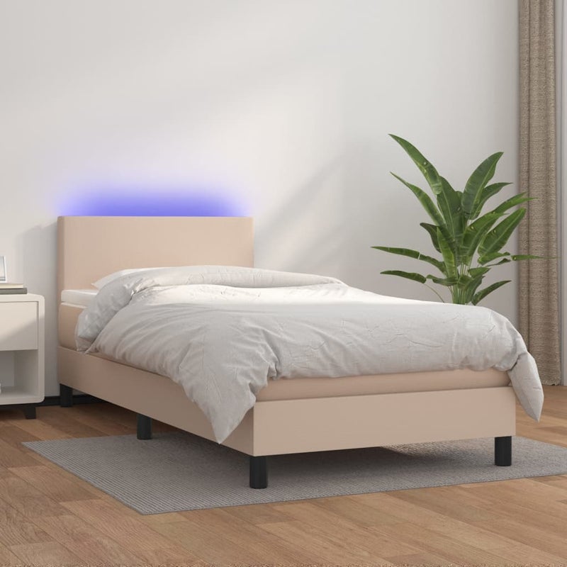 Łóżko kontynentalne materac i LED cappuccino ekoskóra 90x200