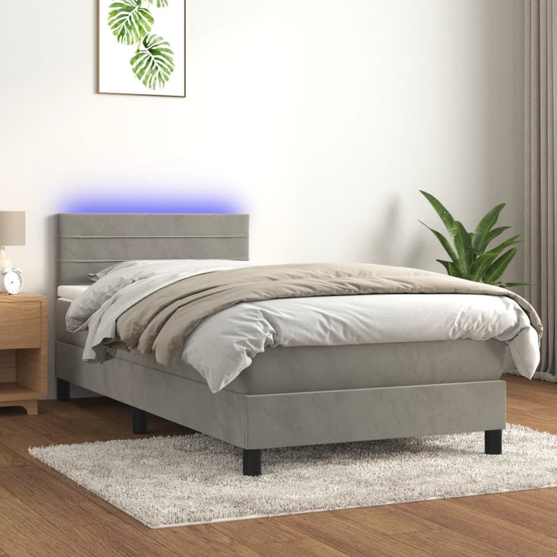 Łóżko z Materacem Kontynentalne Szary Aksamit Łóżko z Oświetleniem LED Do Sypialni Pokoju 90x190 cm