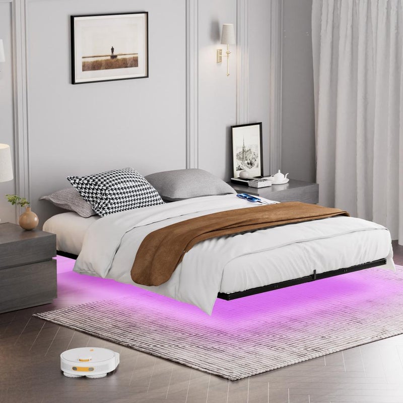 Łóżko pływające z oświetleniem LED, 160x200 cm, z solidną metalową ramą, podstawą z listew, stacją ładującą i wbudowaną przestrzenią do przechowywania