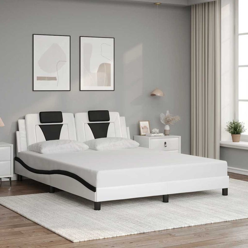 Łóżko Tapicerowane Biało-Czarne Ekoskóra Rama Łóżka Ze Stelażem 160x200 cm