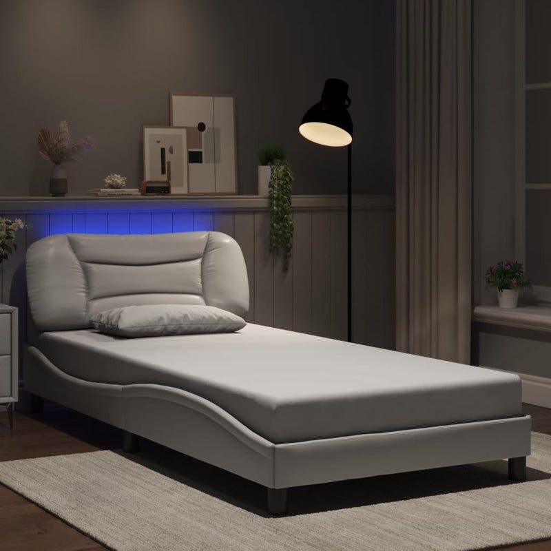 Łóżko tapicerowane rama łóżka ze stelażem białe skóra led 100x200 cm