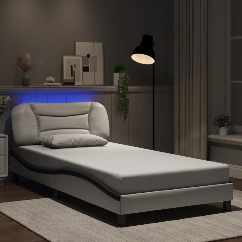 Łóżko tapicerowane rama łóżka ze stelażem białe skóra led 100x200 cm