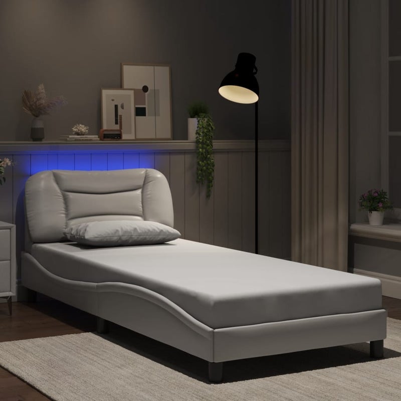 Łóżko tapicerowane rama łóżka ze stelażem białe skóra led 90x200 cm