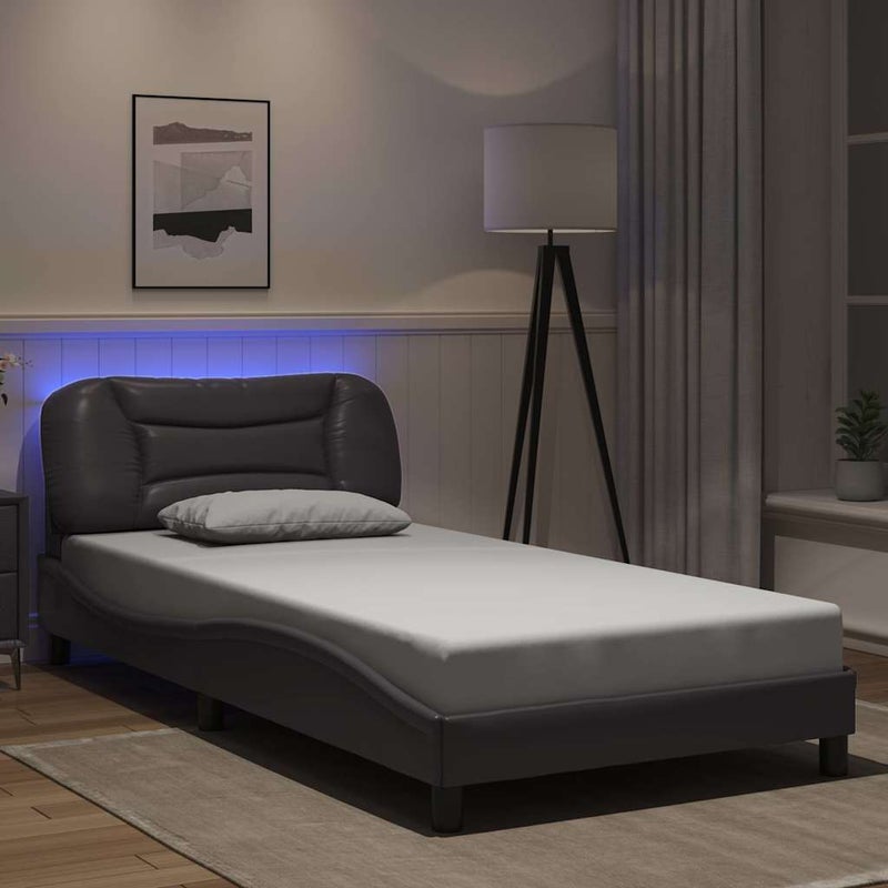 Łóżko tapicerowane rama łóżka ze stelażem szara skóra led 100x200 cm