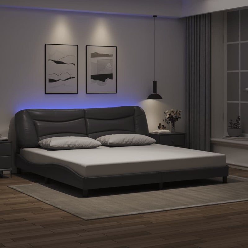 Łóżko Tapicerowane Rama Łóżka Ze Stelażem Szara Ekoskóra LED 200x200 cm