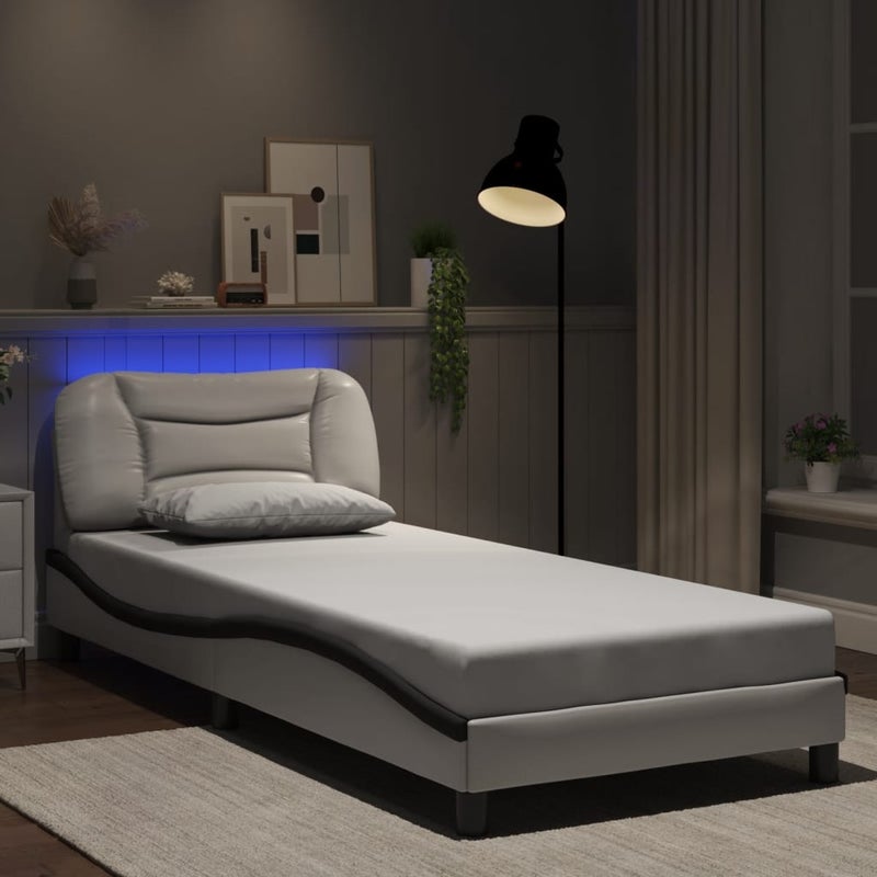 Łóżko tapicerowane rama łóżka ze stelażem białe skóra led 90x200 cm