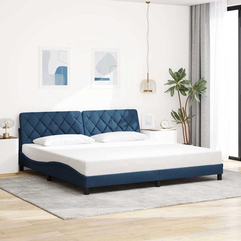 Łóżko Tapicerowane Niebieska Tkanina Rama Łóżka Ze Stelażem 200x200 cm