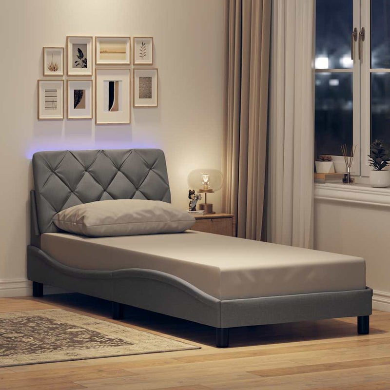 Łóżko Tapicerowane Szara Tkanina Rama Łóżka Ze Stelażem LED 90x200 cm