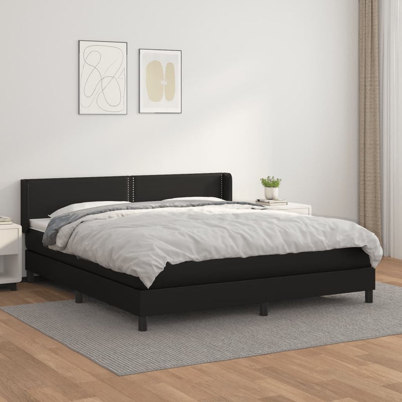 Łóżko z Materacem Czarna Ekoskóra Kontynentalne Łóżko Tapicerowane Do Sypialni Pokoju 180x200 cm