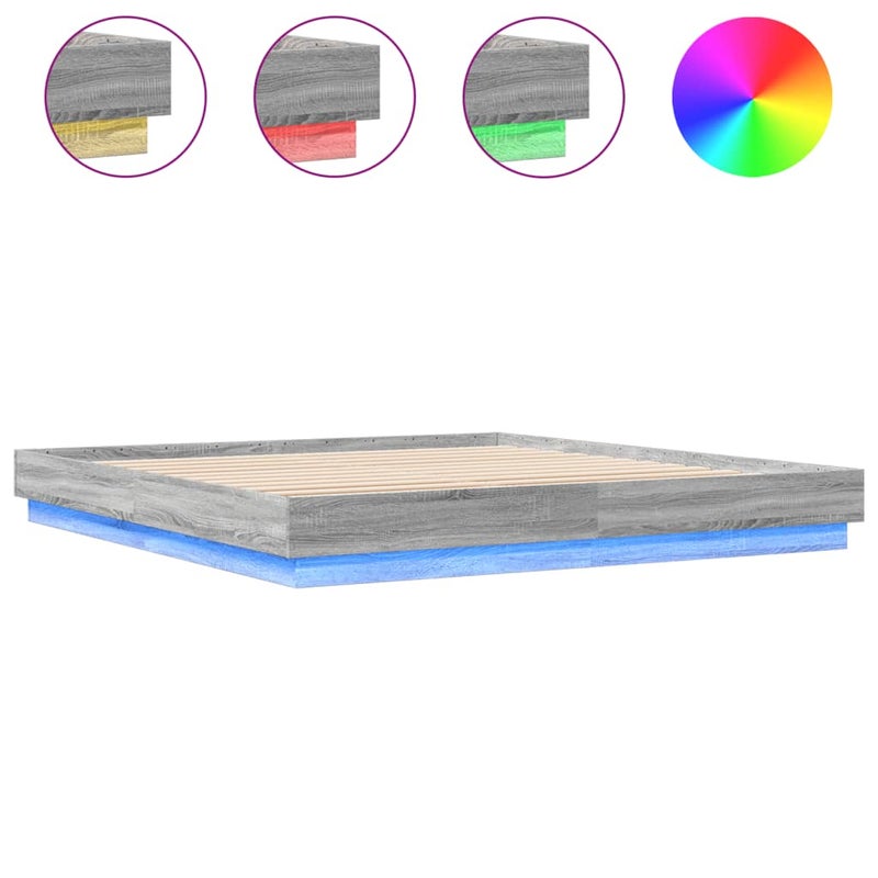 Łóżko Szare Rama Łóżka Ze Stelażem Do Sypialni Pokoju LED 200x200 cm