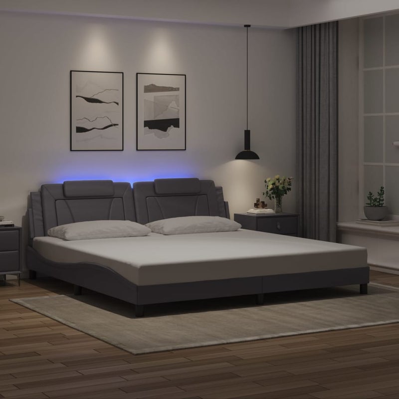 Łóżko Tapicerowane Rama Łóżka Ze Stelażem Szara Ekoskóra LED 200x200 cm