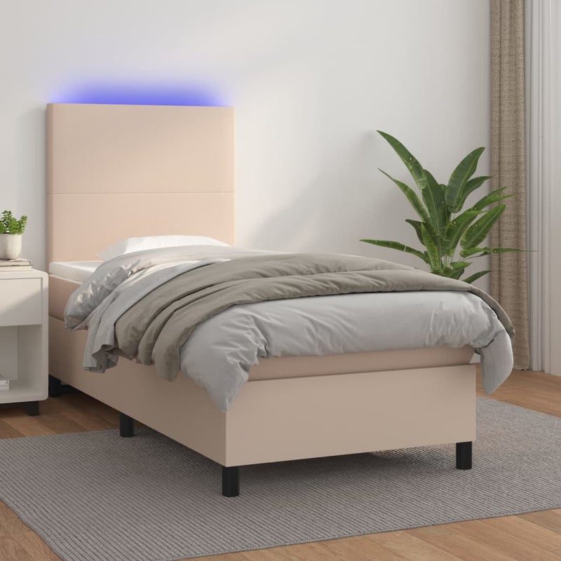 Łóżko kontynentalne materac i LED cappuccino ekoskóra 90x200