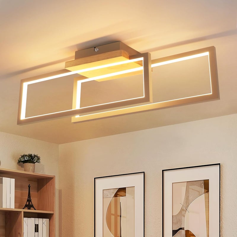 Nowoczesna prostokątna lampa sufitowa LED Nettlife 24 W, wykończenie drewniane, do salonu, kuchni, sypialni, przedpokoju, ciepła biel 3000 K, 48 cm