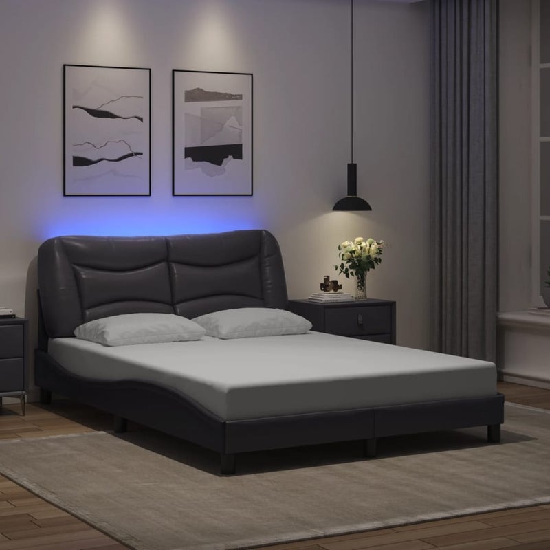 Łóżko Tapicerowane Rama Łóżka Ze Stelażem Szara Ekoskóra LED 140x190 cm