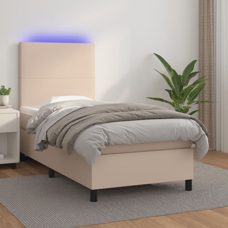 Łóżko kontynentalne materac i LED cappuccino ekoskóra 90x190