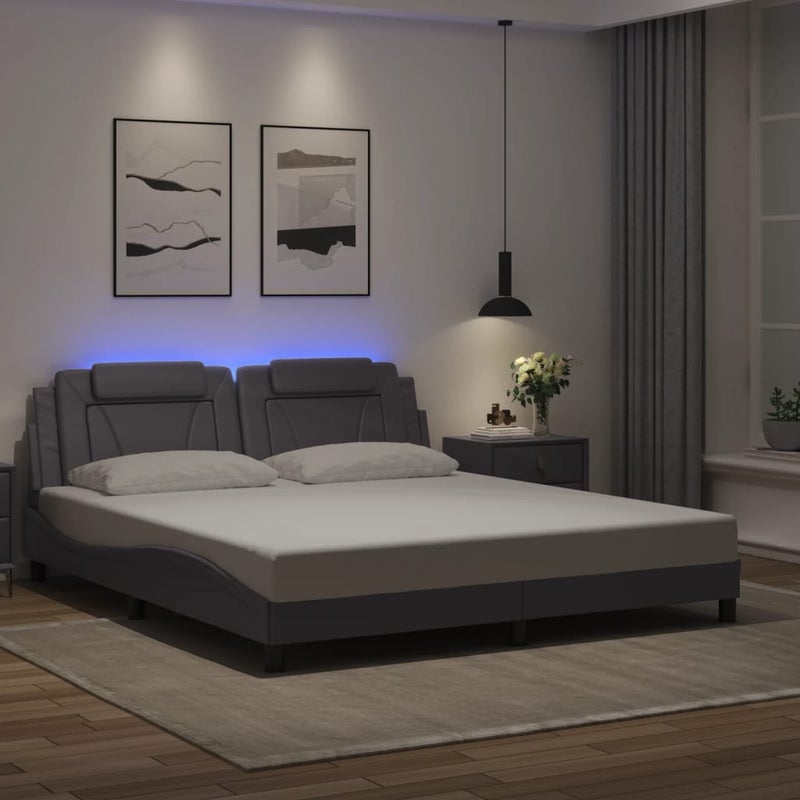 Łóżko Tapicerowane Rama Łóżka Ze Stelażem Szara Ekoskóra LED 180x200 cm