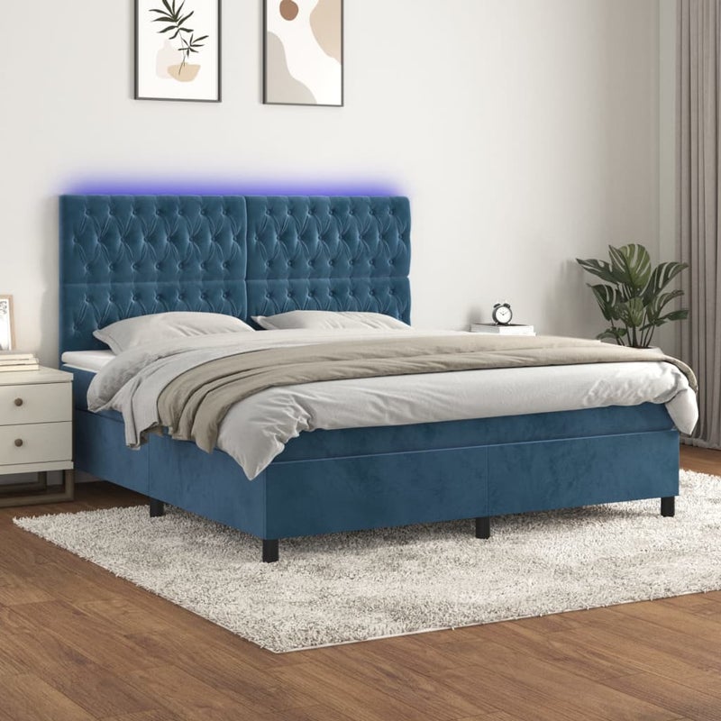 Łóżko kontynentalne materac i LED niebieski aksamit 160x200