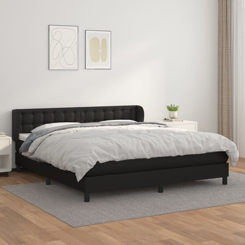 Łóżko z Materacem Czarna Ekoskóra Kontynentalne Łóżko Tapicerowane Do Sypialni Pokoju 180x200 cm
