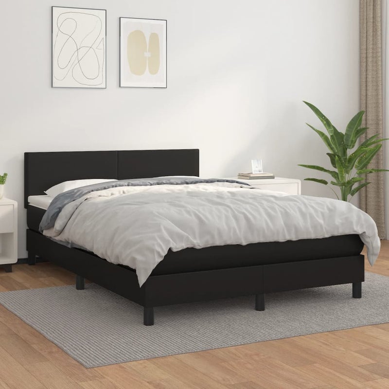 Łóżko z Materacem Czarna Ekoskóra Kontynentalne Łóżko Tapicerowane Do Sypialni Pokoju 140x190 cm
