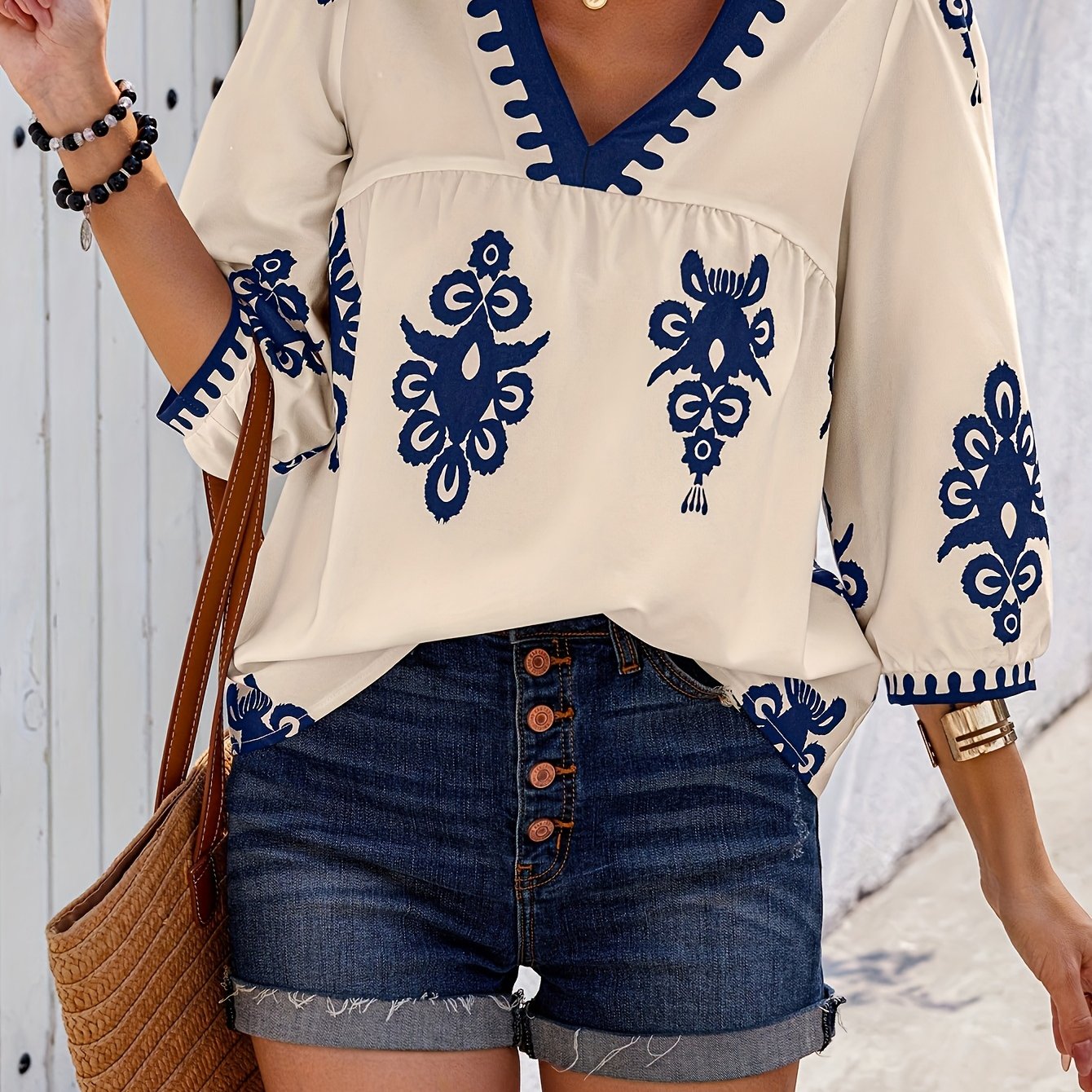 TEMU Letnia Moda Damska Koszulka z Krótkim Rękawem i Dekoltem V, Retro Kwiatowy Wzór, Top z Rękawem 3/4, Popularna Koreańska Odzież Damska, Piękne