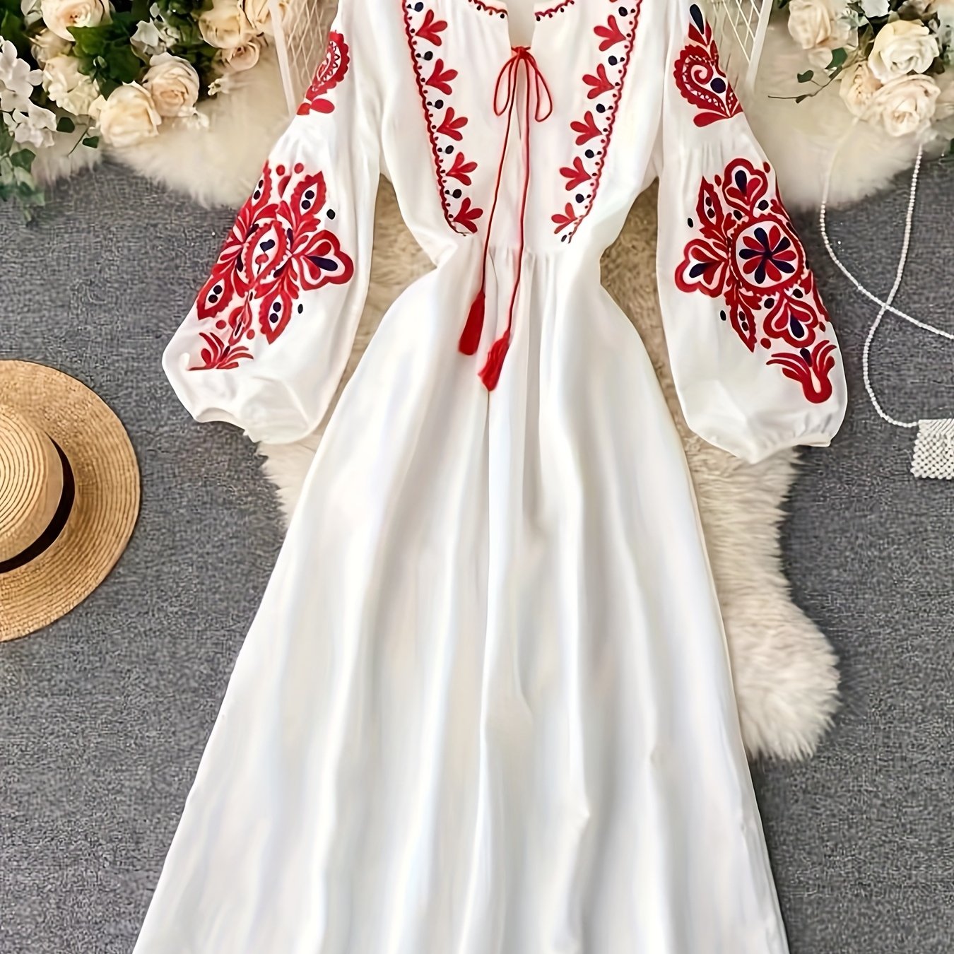 TEMU Długa, luźna sukienka damska w stylu boho etnicznym z kwiatowym, ciężkim haftem, okrągłym dekoltem, rękawami typu 