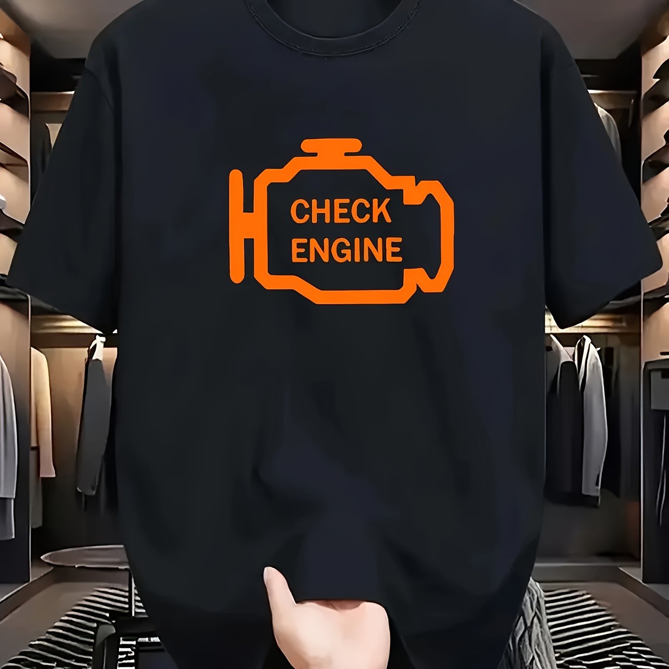 TEMU Męska Koszulka Casual z Nadrukiem - Check Engine, Oddychający Poliester, Luźny Fason, Krótki Rękaw, Okrągły Dekolt, Pranie w Praniu Maszynowym,