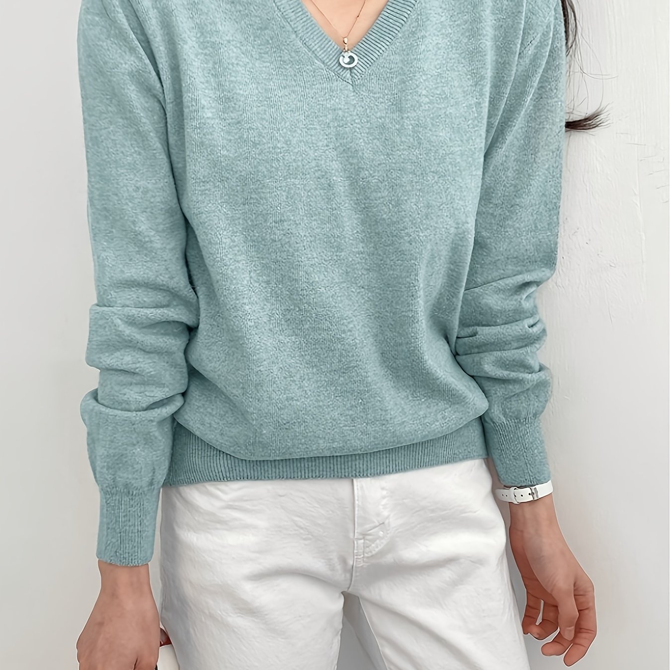 TEMU Sweter z Dekoltem w Serek dla Kobiet, Casual Biznesowy, Jesień i , Długi Rękaw