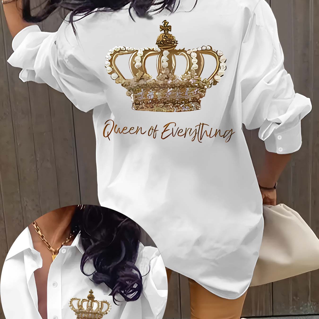 TEMU Elegancka bluzka damska z długim rękawem i nadrukiem Korony i Królowej Wszystkiego - ze złotymi napisami, tłem, okrągłym dekoltem, idealna na co