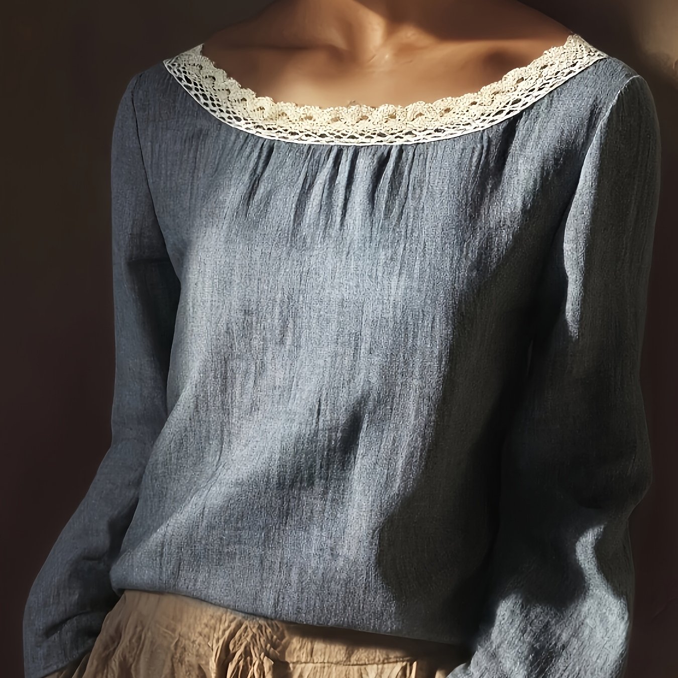 TEMU Elegancka i minimalistyczna damska bluzka w francuskim stylu z luźnym krojem, długim rękawem i teksturą lnianą, wiosenno-jesienna koszula