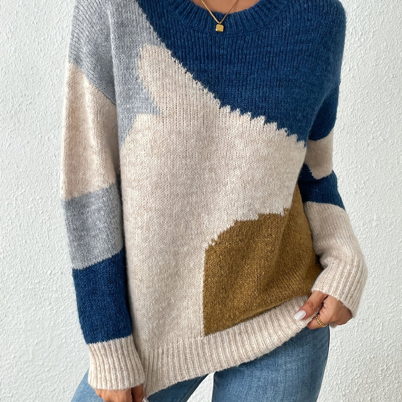 TEMU Nowość Wiosna 2026: Damski Sweter z Asymetrycznym Wzorem, Patchwork, Kolorowe Bloki, Prosty Okrągły Dekolt, Długi Rękaw