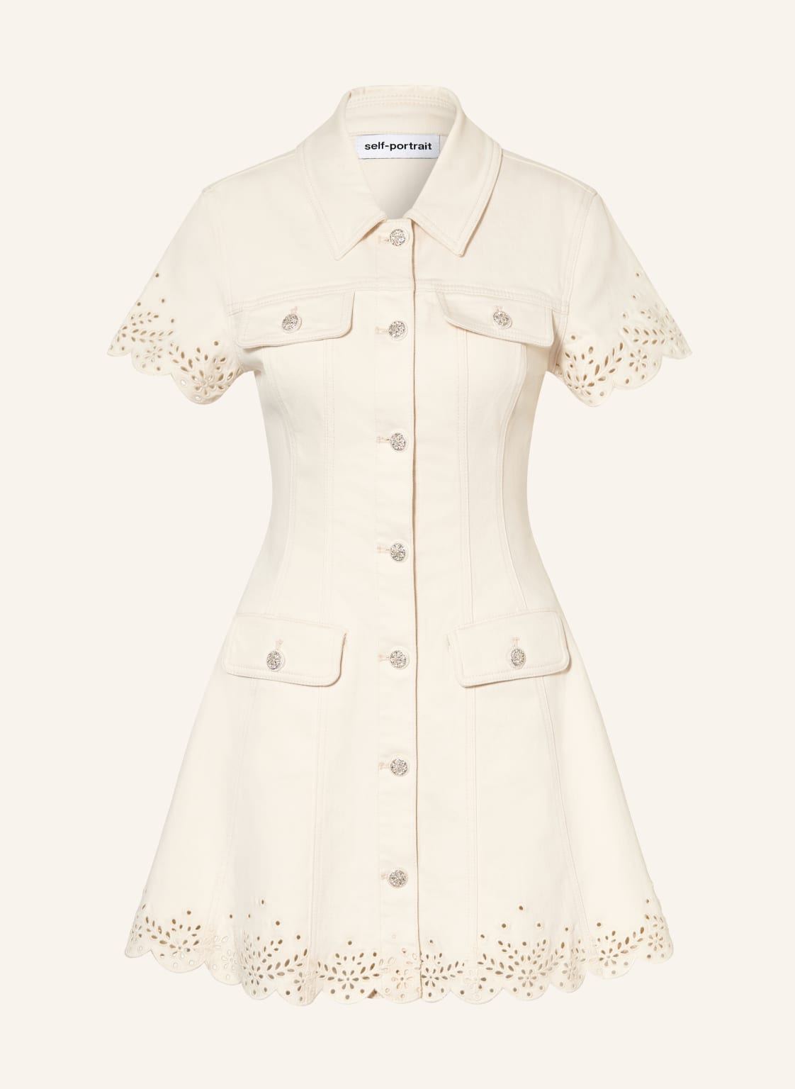 Self-Portrait Sukienka Jeansowa Z Koronką Z Dziurkami I Kamieniami Ozdobnymi beige