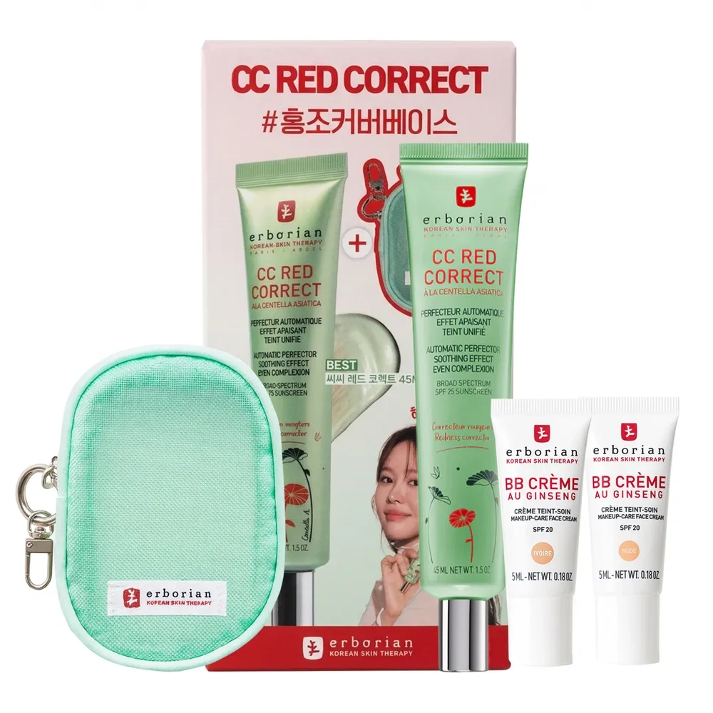 Erborian zestaw rozświetlający krem CC z zielonym pigmentem SPF25 CC Red Correct 45 ml + krem BB Nude 5 ml + krem BB Ivore 5 ml + etui podróżne