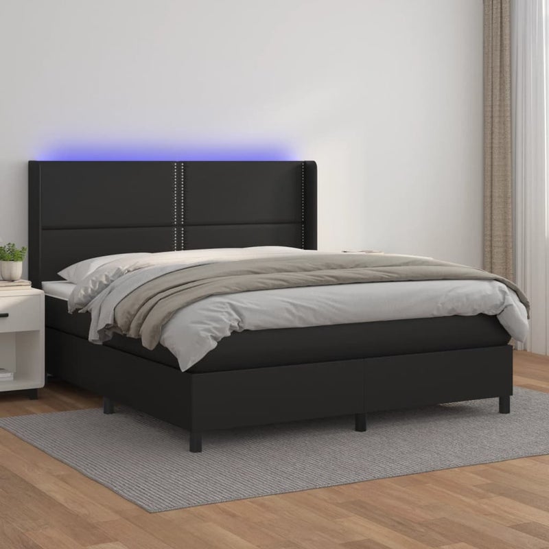 Łóżko z Materacem Kontynentalne Czarna Ekoskóra Łóżko z Oświetleniem LED Do Sypialni Pokoju 180x200cm