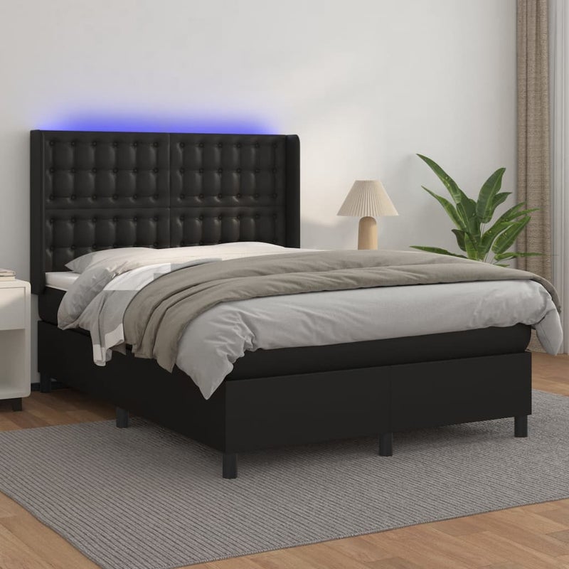 Łóżko z Materacem Kontynentalne Czarna Ekoskóra Łóżko z Oświetleniem LED Do Sypialni Pokoju 140x200cm