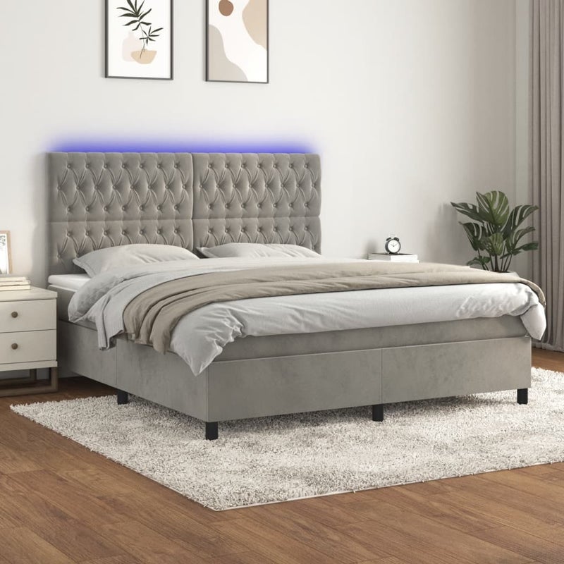 Łóżko z Materacem Kontynentalne Szary Aksamit Łóżko z Oświetleniem LED Do Sypialni Pokoju 180x200cm