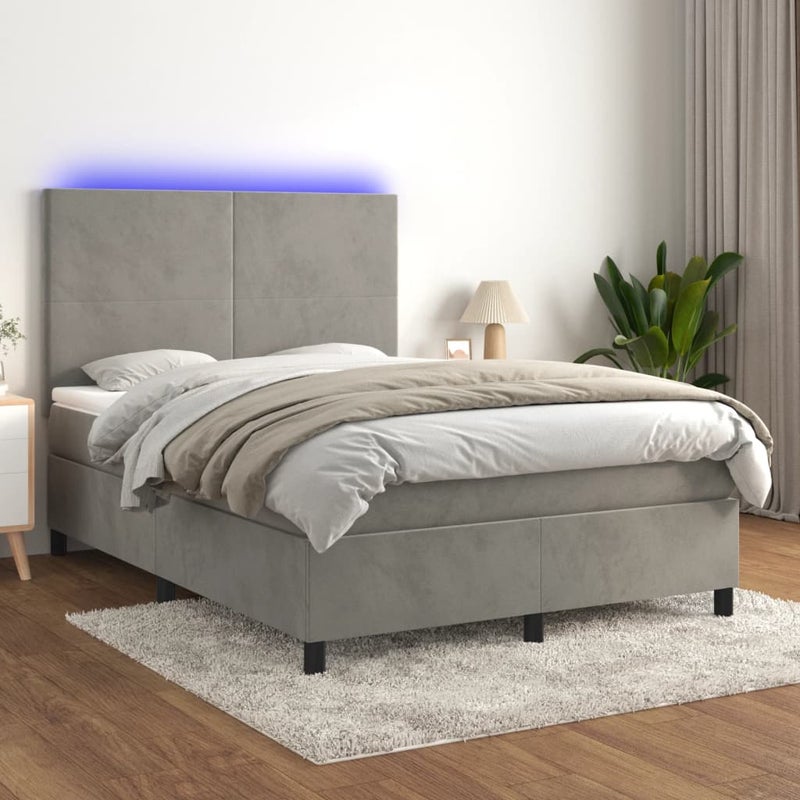 Łóżko z Materacem Kontynentalne Szary Aksamit Łóżko z Oświetleniem LED Do Sypialni Pokoju 140x200cm