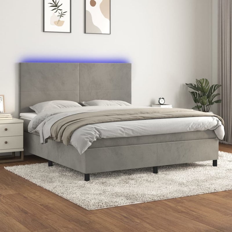 Łóżko z Materacem Kontynentalne Szary Aksamit Łóżko z Oświetleniem LED Do Sypialni Pokoju 160x200cm