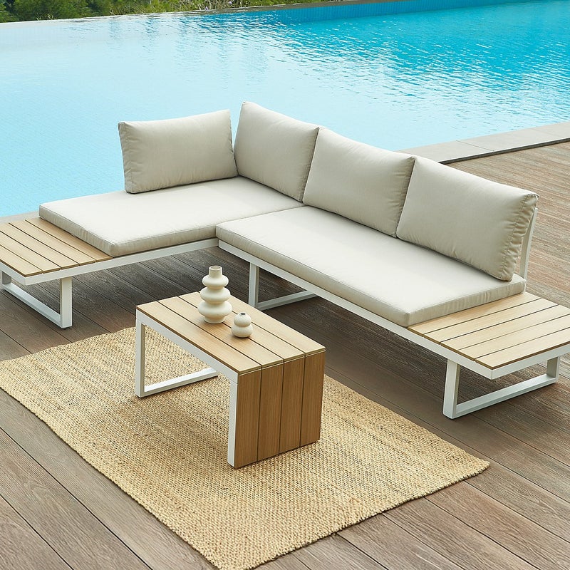 Zestaw mebli ogrodowych z aluminium modułowy: 2 kanapy i stolik kawowy - Biały z beżowymi poduszkami - BAMBAÏA od MYLIA