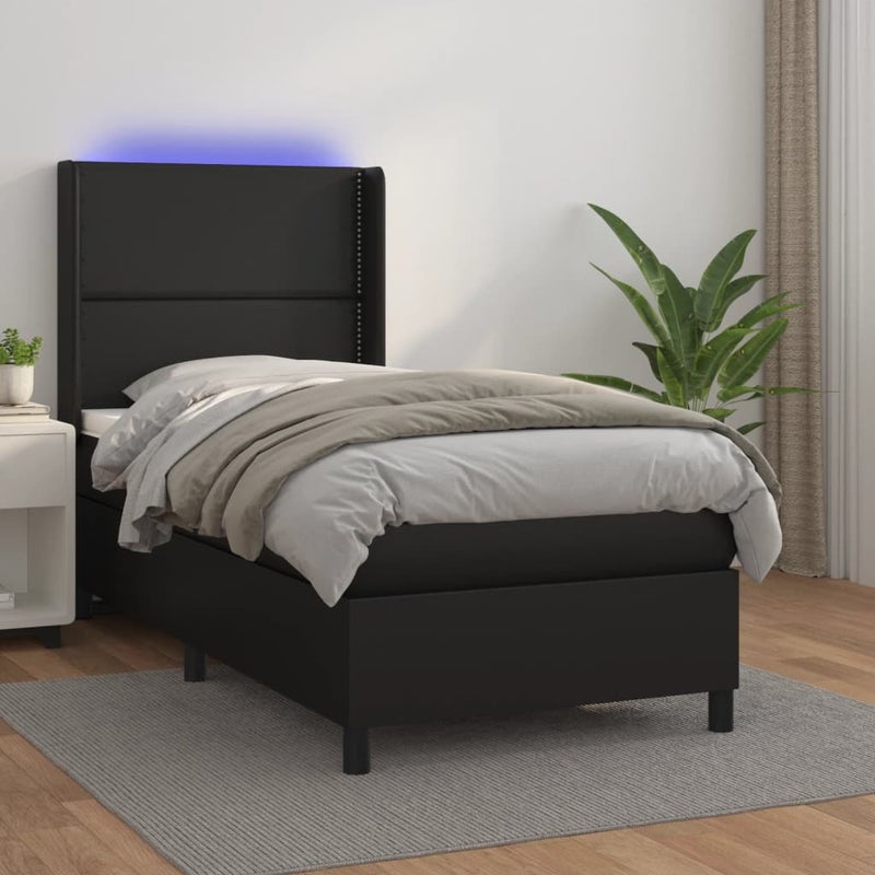 Łóżko z Materacem Kontynentalne Czarna Ekoskóra Łóżko z Oświetleniem LED Do Sypialni Pokoju 100x200cm