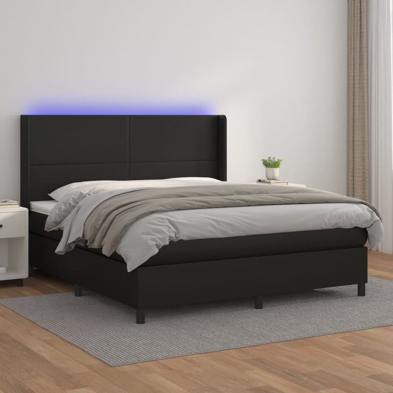 Łóżko z Materacem Kontynentalne Czarna Ekoskóra Łóżko z Oświetleniem LED Do Sypialni Pokoju 180x200cm