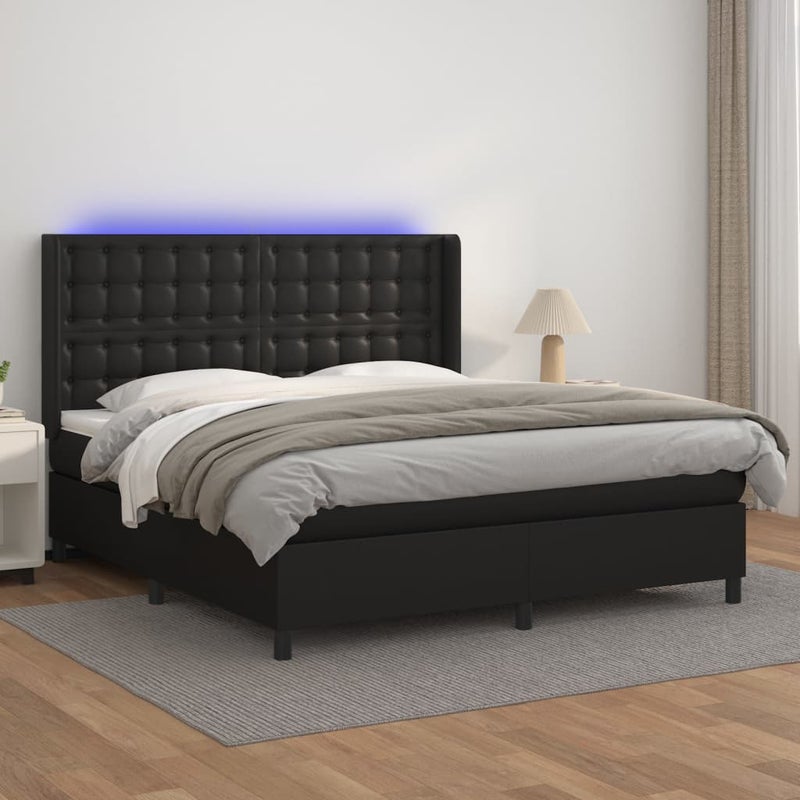 Łóżko z Materacem Kontynentalne Czarna Ekoskóra Łóżko z Oświetleniem LED Do Sypialni Pokoju 160x200cm
