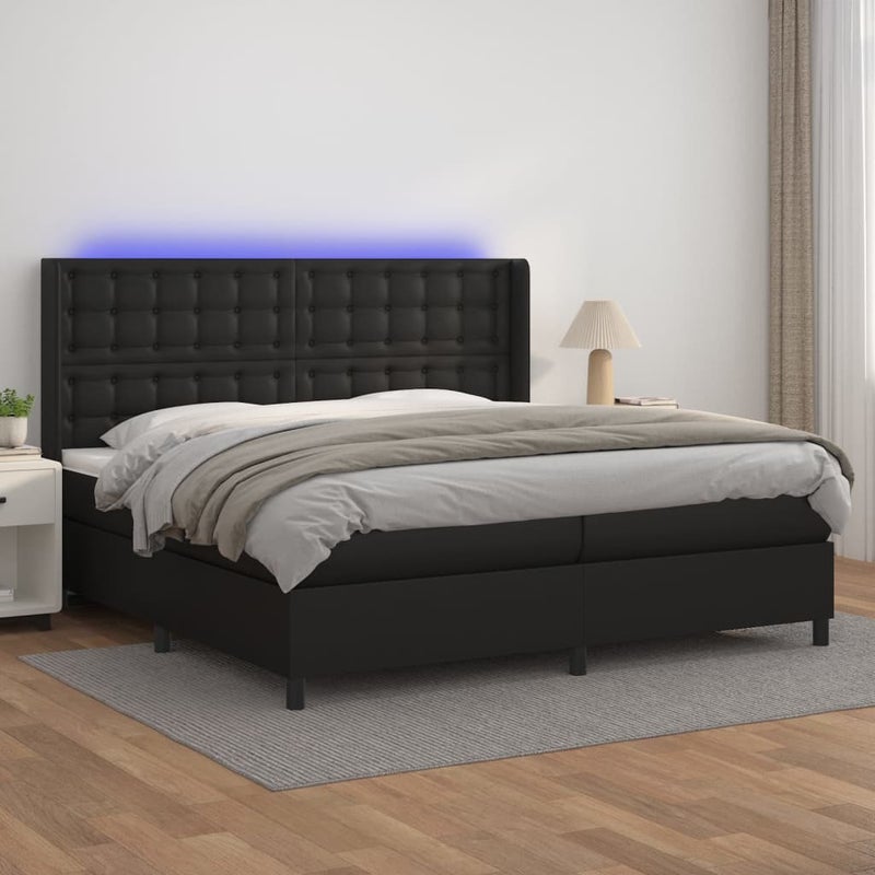 Łóżko z Materacem Kontynentalne Czarna Ekoskóra Łóżko z Oświetleniem LED Do Sypialni Pokoju 200x200cm