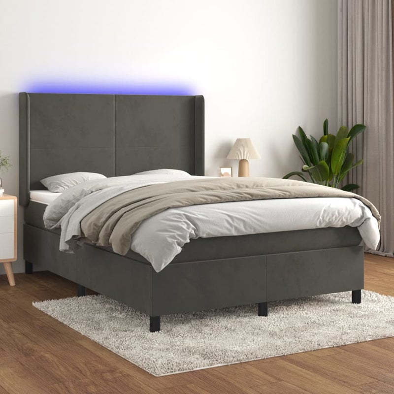 Łóżko z Materacem Kontynentalne Szary Aksamit Łóżko z Oświetleniem LED Do Sypialni Pokoju 140x200cm