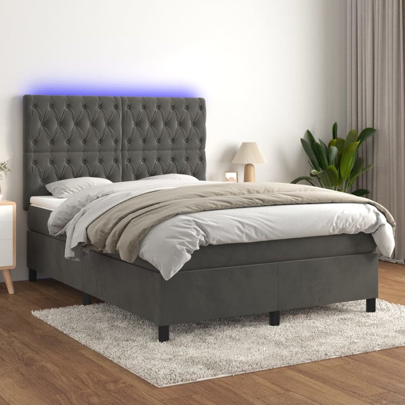 Łóżko z Materacem Kontynentalne Szary Aksamit Łóżko z Oświetleniem LED Do Sypialni Pokoju 140x200cm