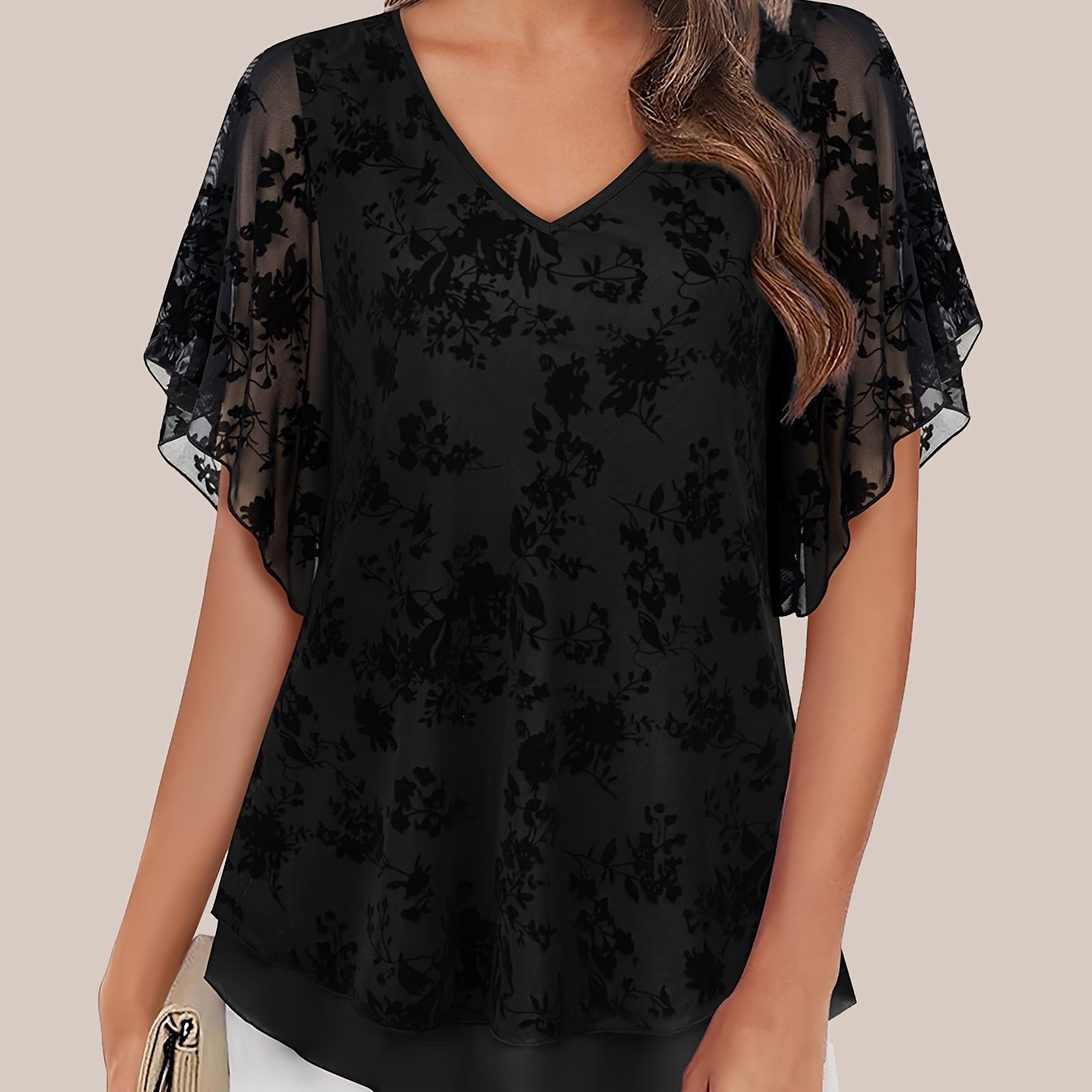 TEMU Eleganckie Damskie Bluzki Tunikowe z Podwójną Warstwą Siatki, Krótki Rękaw, Dekolt w Serek, na