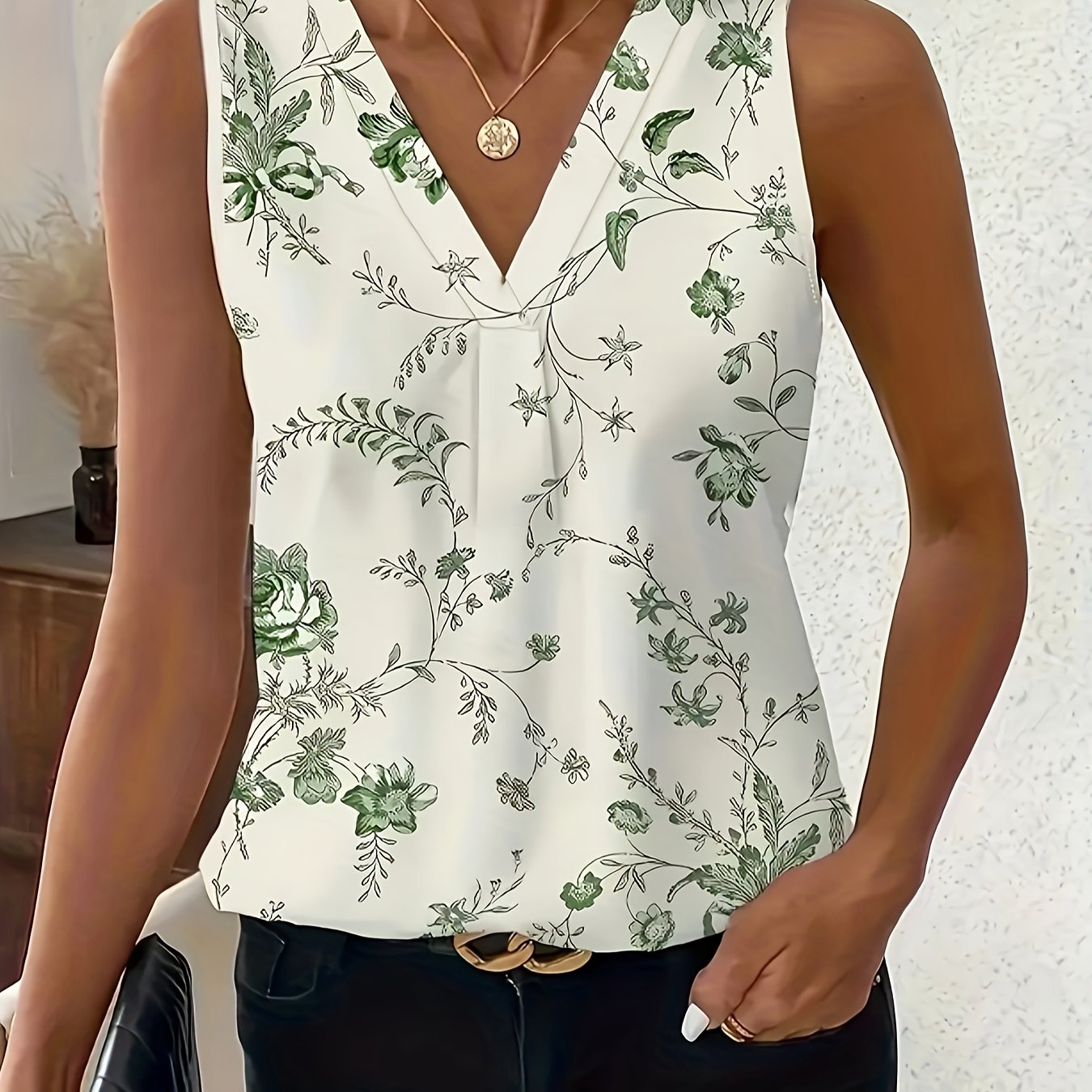 TEMU Elegancka bluzka damska bez rękawów z dekoltem w serek i kwiatowym nadrukiem