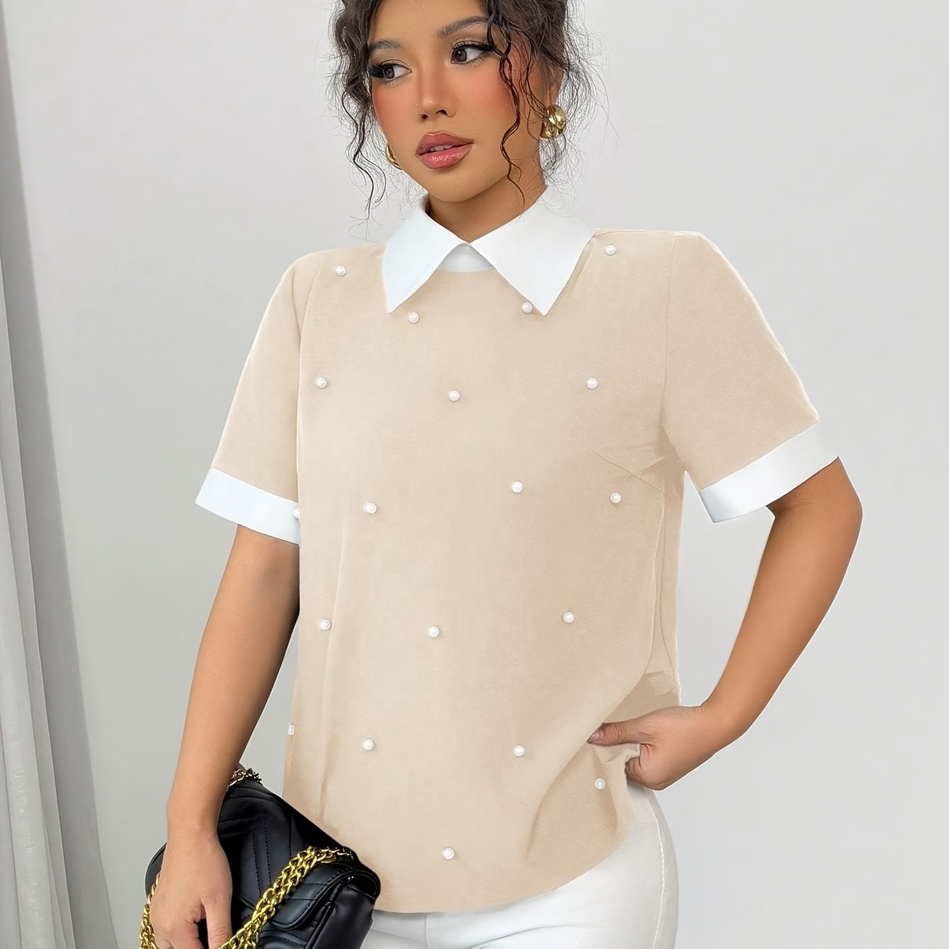 TEMU YY0227277 Elegancka Damska Koszula z Kołnierzykiem na Guziki, Krótki Rękaw, w Stylu Patchwork z Blokami Kolorów, Wiosna/