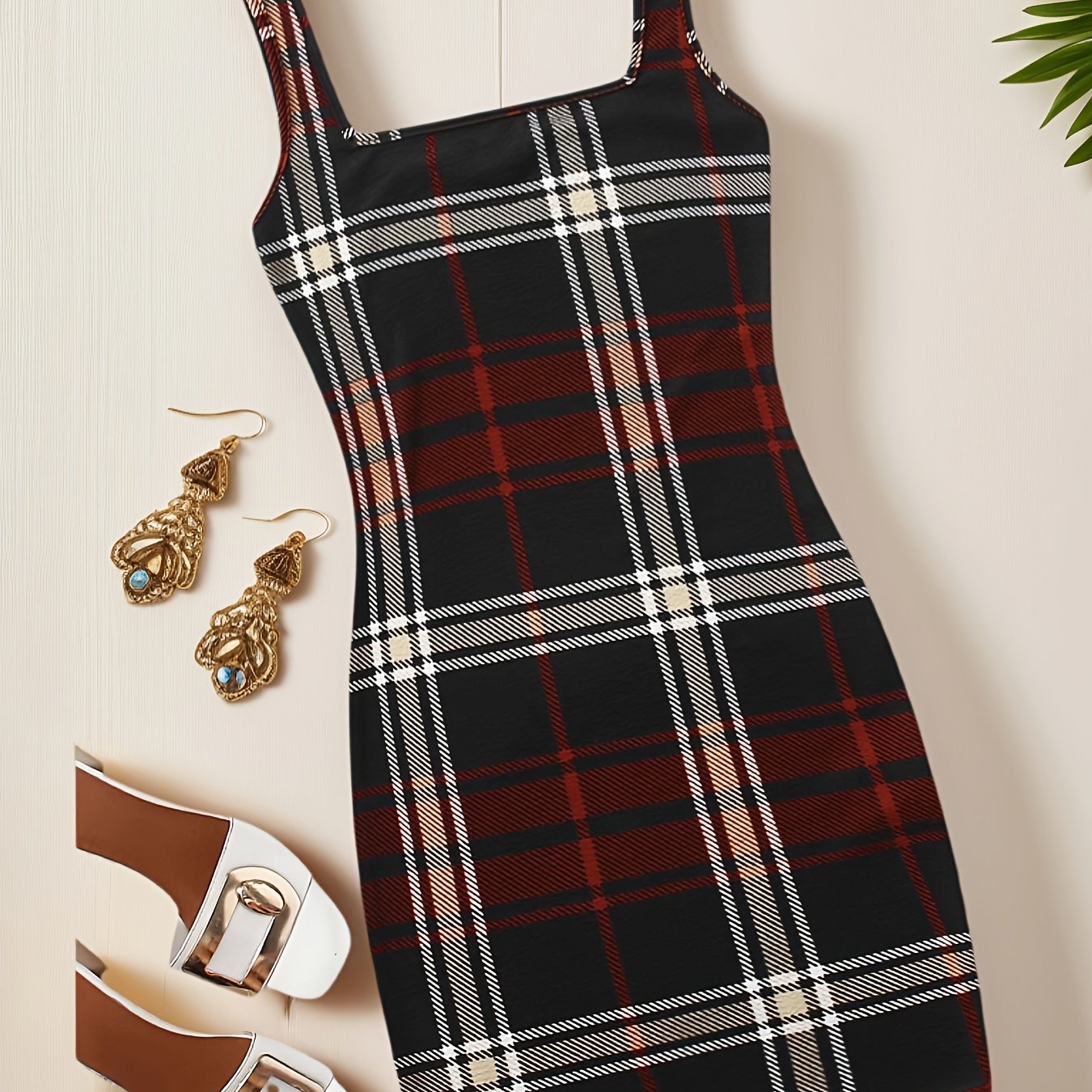 TEMU Damska dopasowana sukienka w kratę z kwadratowym dekoltem